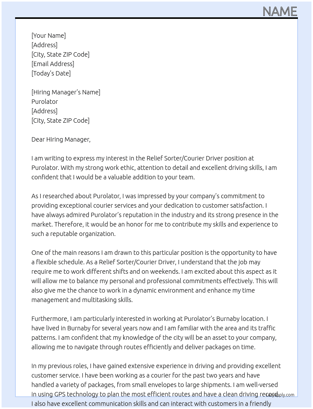 Relief Sorter/Courier Driver At Purolator Cover Letter