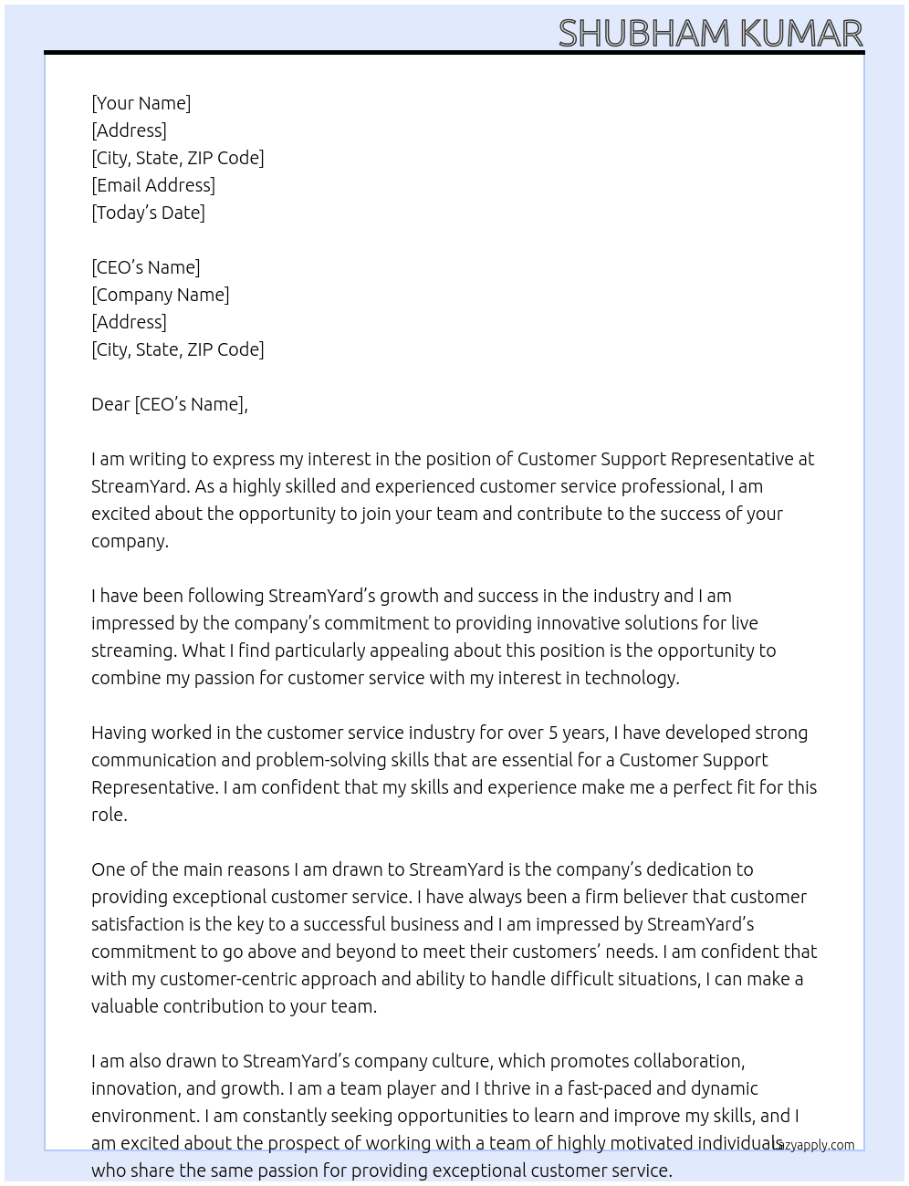 Customer Support Representative At StreamYard Cover Letter
