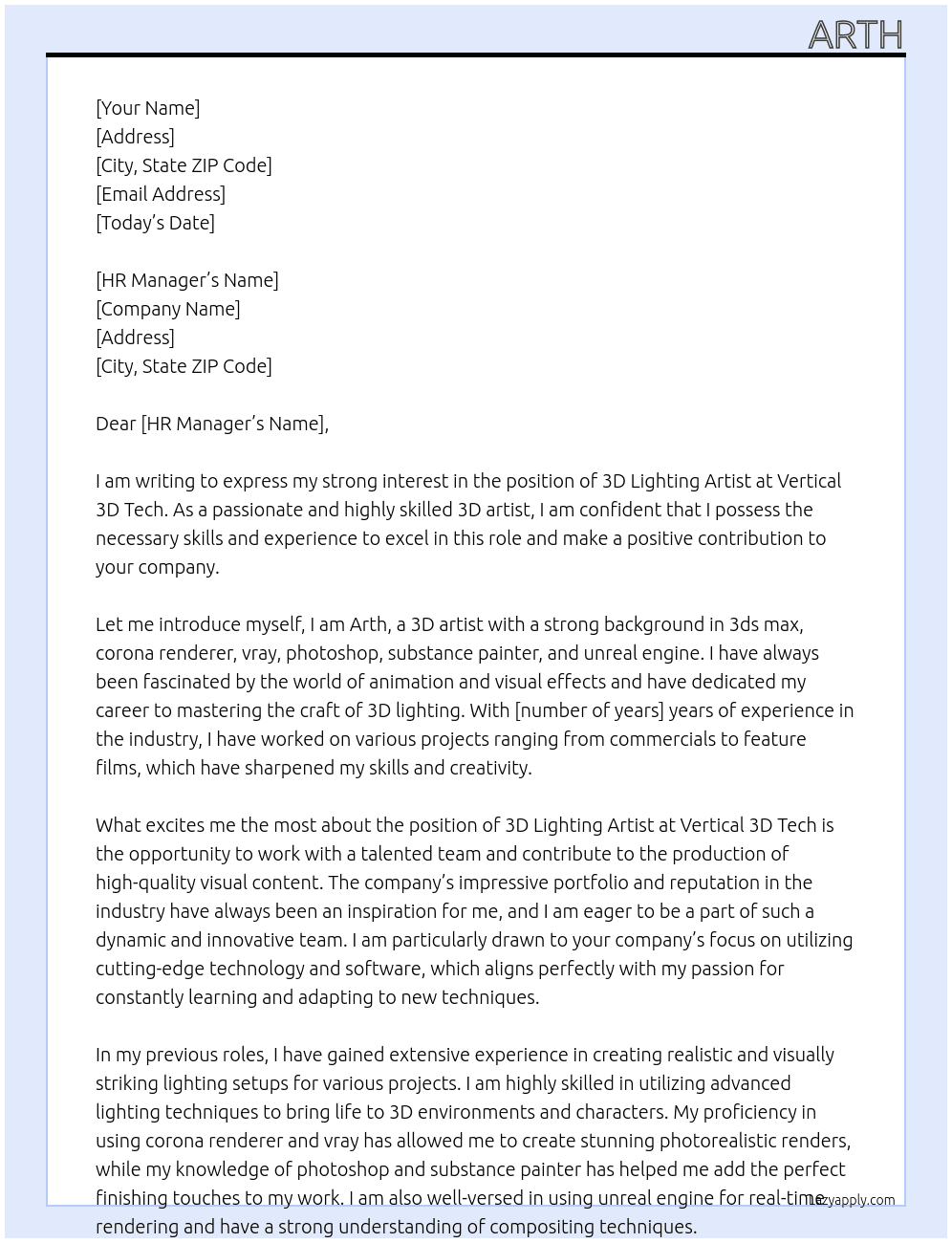 3D Lighting Artist At Vertical 3D Tech Cover Letter