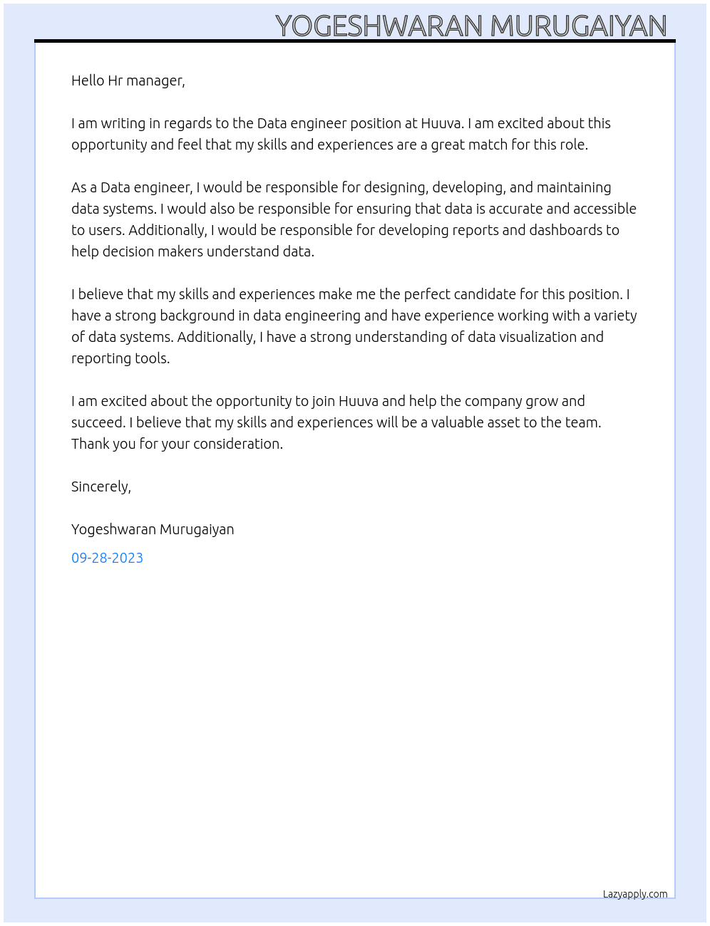 Data engineer At Huuva Cover Letter