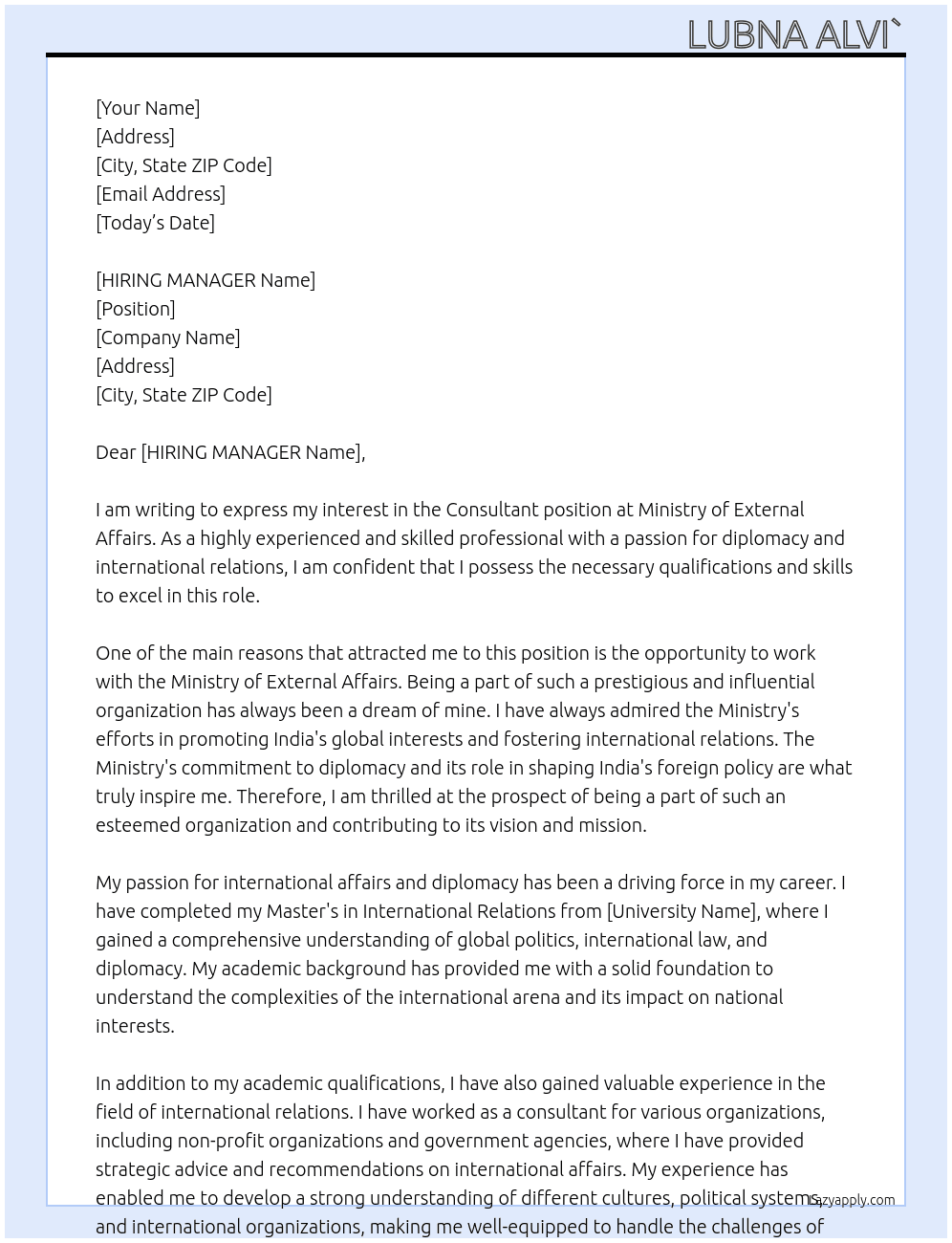 CONSULTANT At MINISTRY OF EXTERNAL AFFAIRS Cover Letter