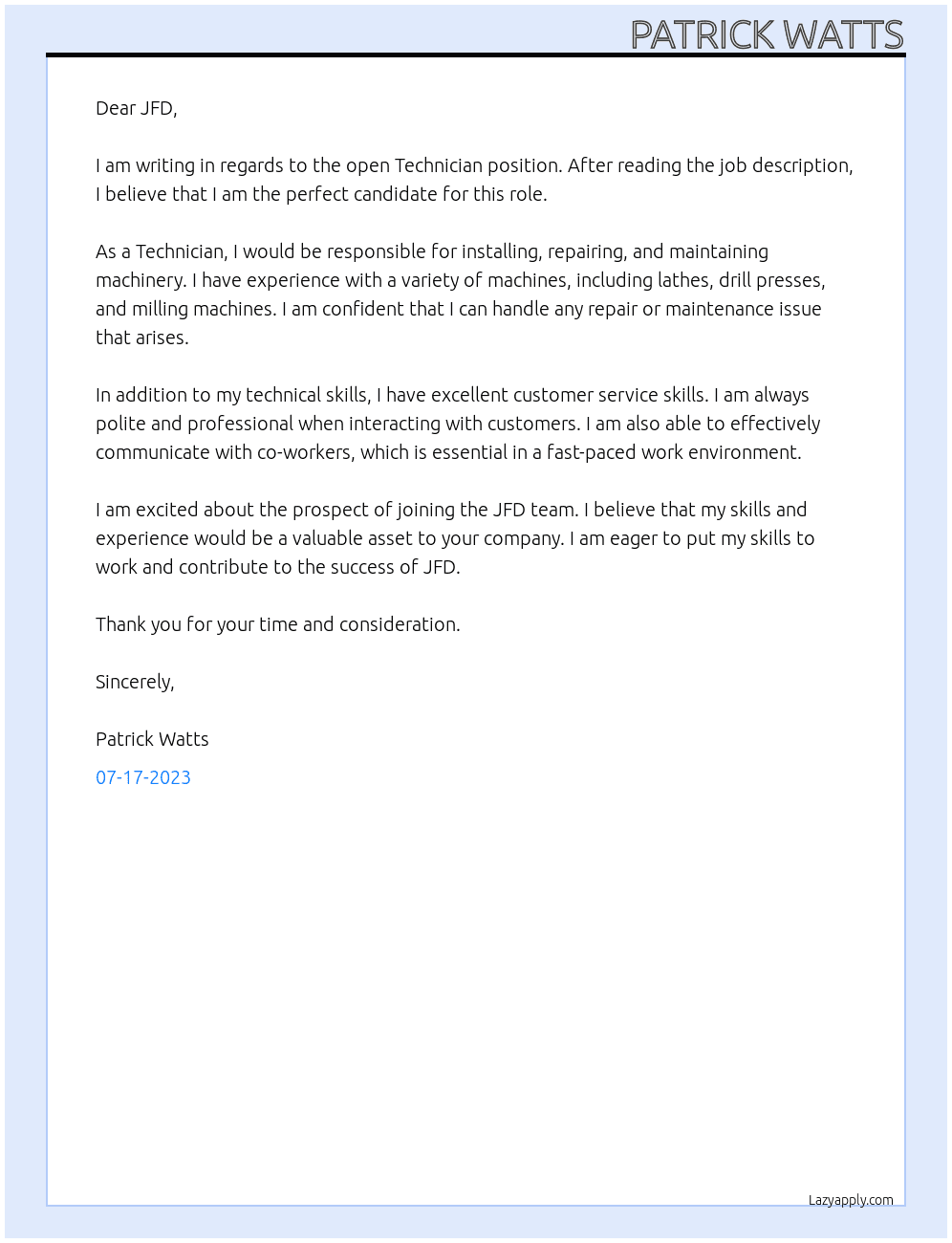 Technician At JFD Cover Letter