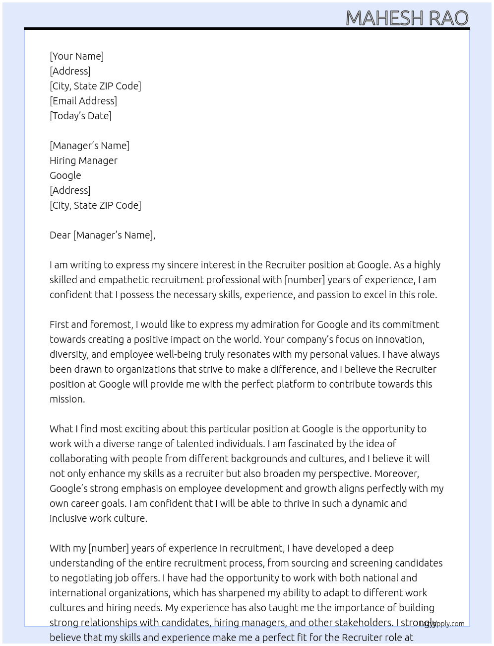 Recruiter At google Cover Letter