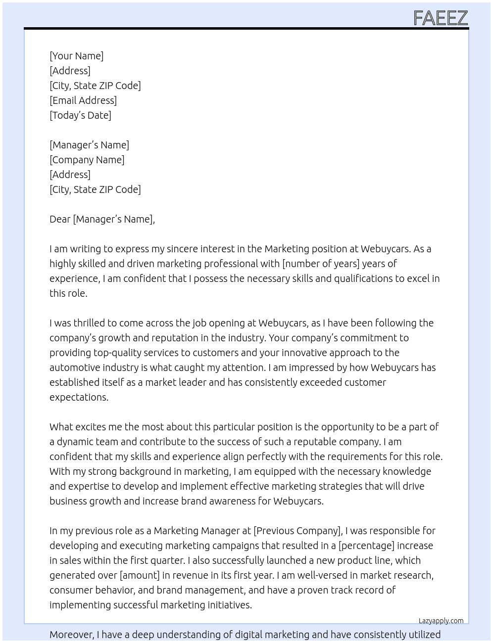 Marketing  At Webuycars Cover Letter