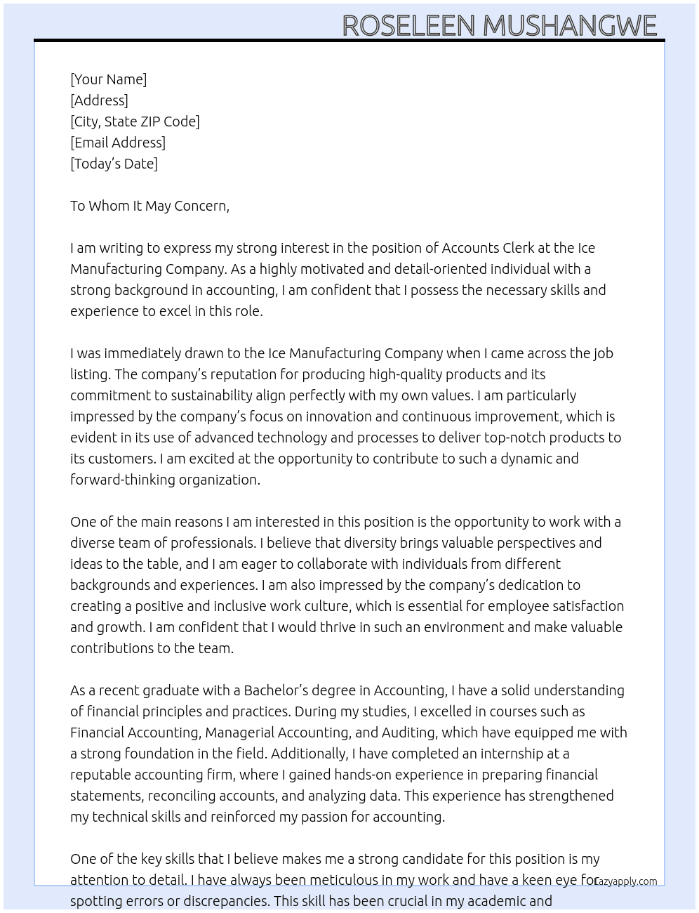 Accounts clerk  At Ice manufacturing company Cover Letter