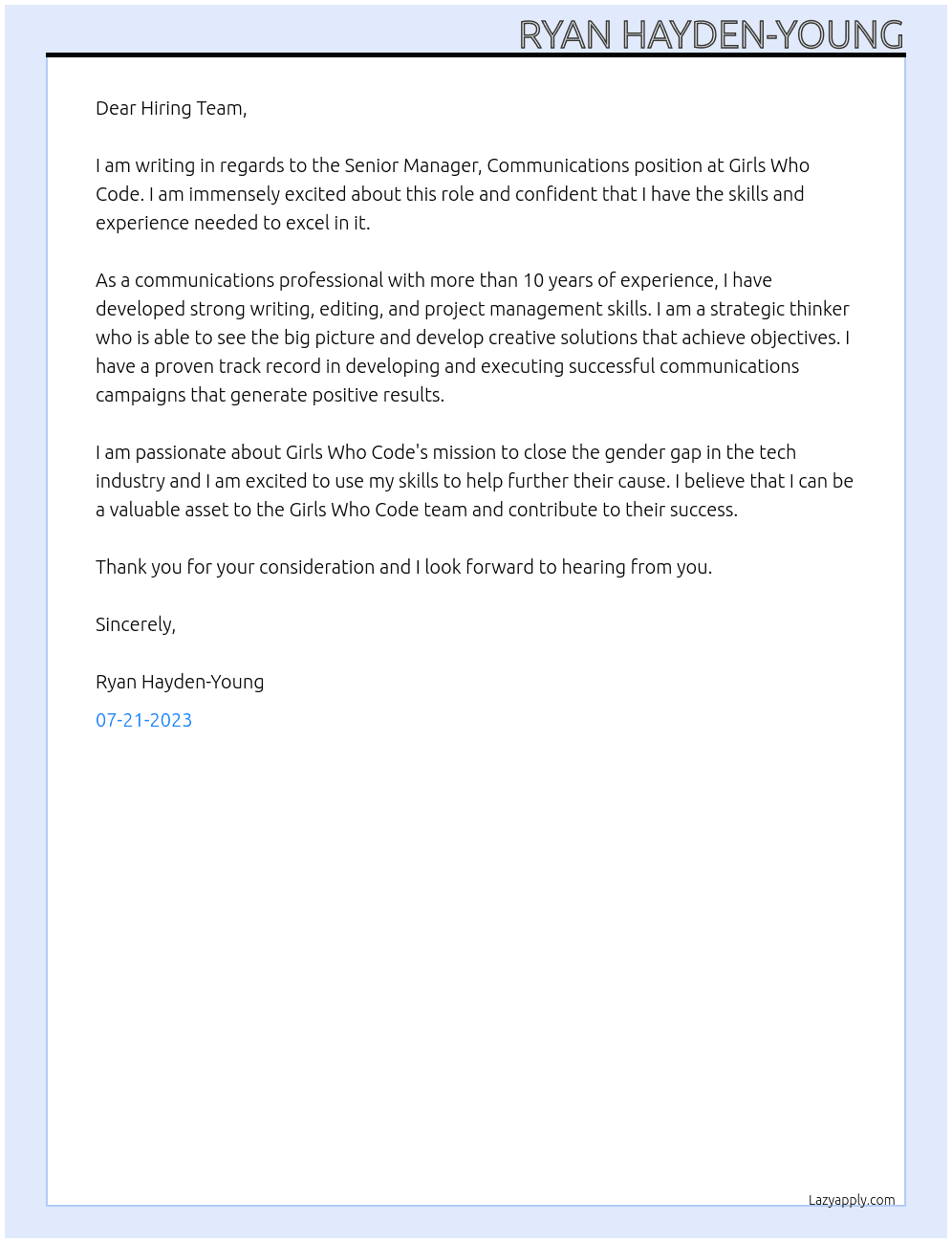 Senior Manager, Communications At Girls Who Code Cover Letter