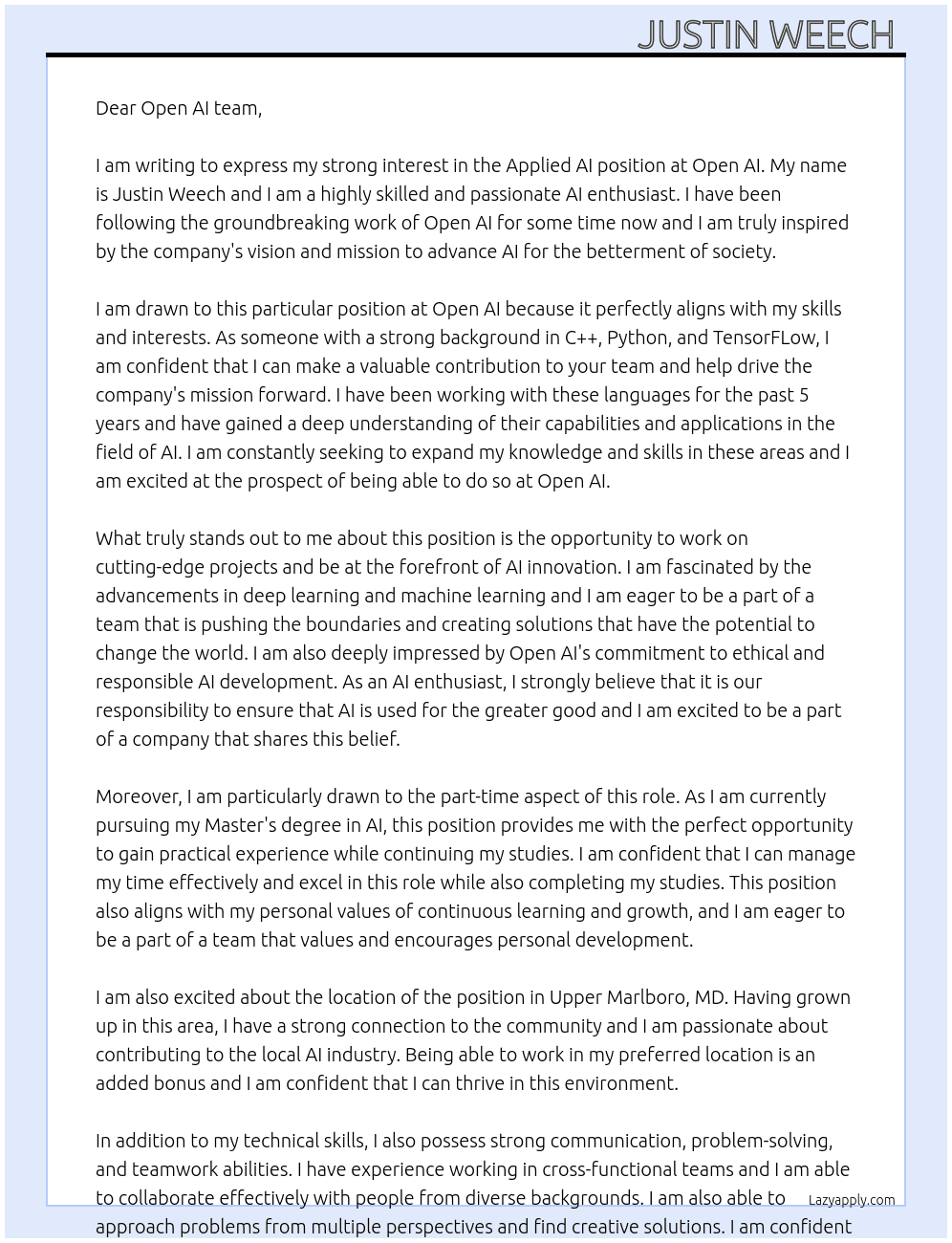Applied AI At Open AI Cover Letter