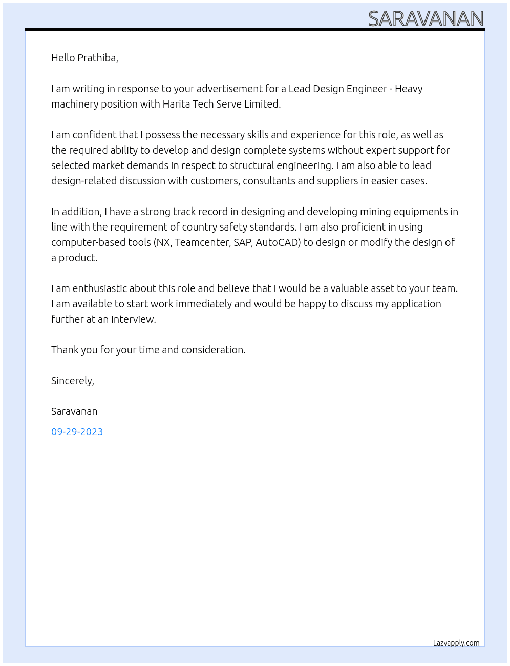 Lead Design Engineer - Heavy machinery At Harita Tech Serve Limited Cover Letter