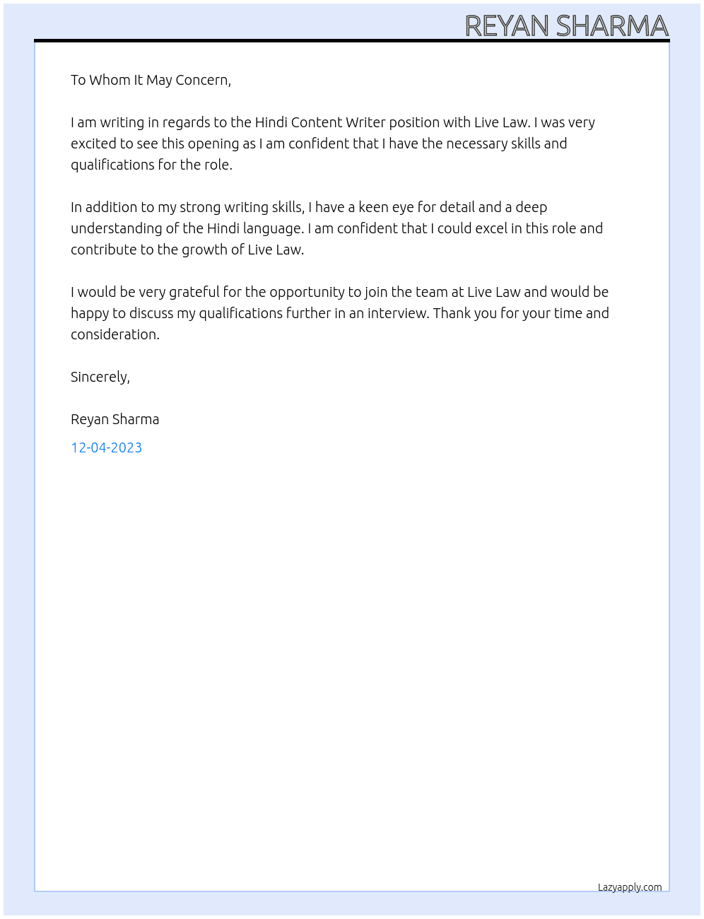 hindi content writer At live law Cover Letter
