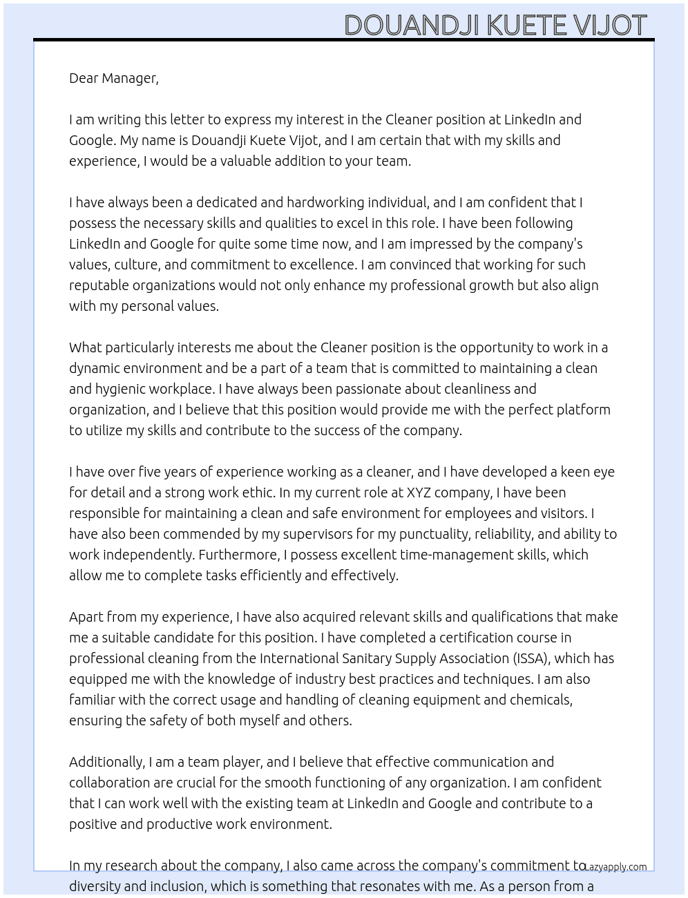 Cleaner At LinkedIn ; Google  Cover Letter