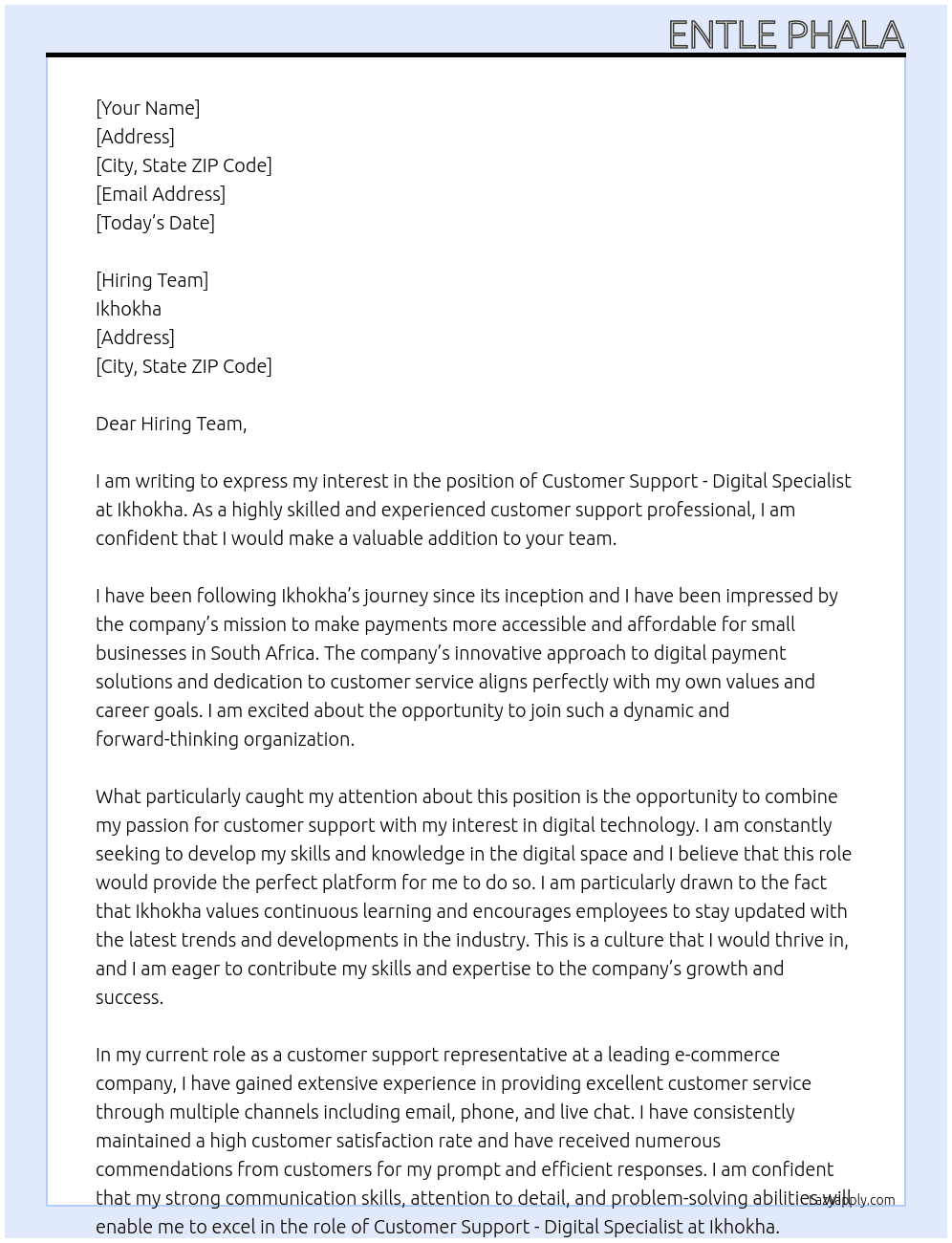 Customer Support - Digital Specialist At Ikhokha Cover Letter