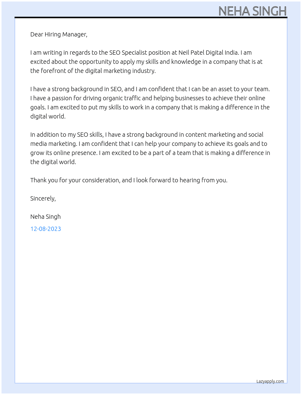 SEO Specialist At Neil Patel Digital India Cover Letter
