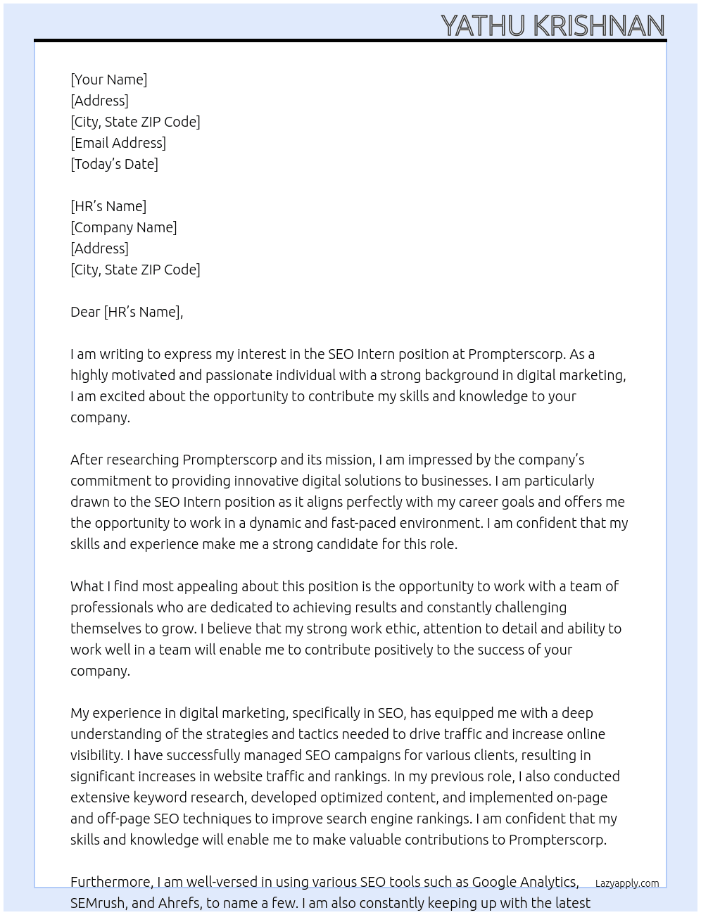 Seo Intern Position   At prompterscorp Cover Letter