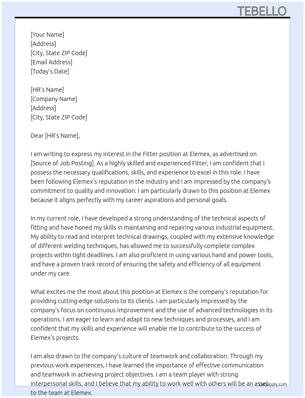 Fitter  At Elemex Cover Letter