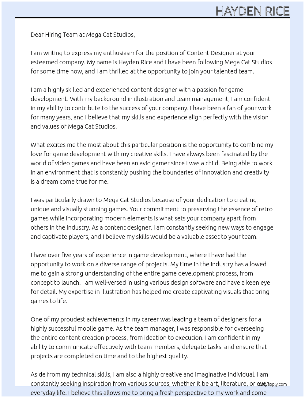 content designer At Mega Cat Studios Cover Letter