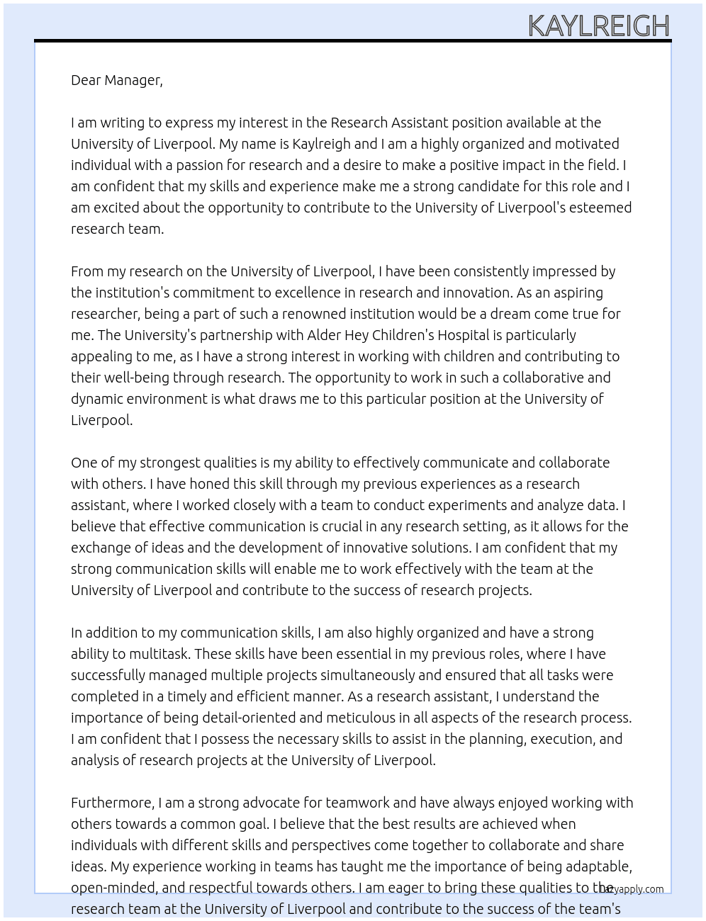 Research Assistant At University of Liverpool Cover Letter