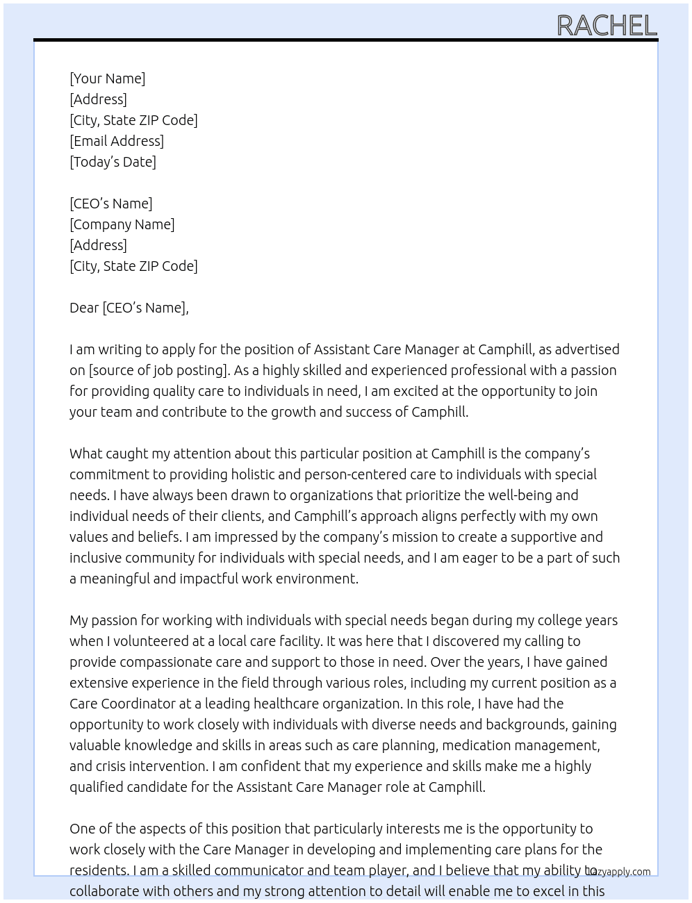 Assistant Care Manager At Camphill Cover Letter