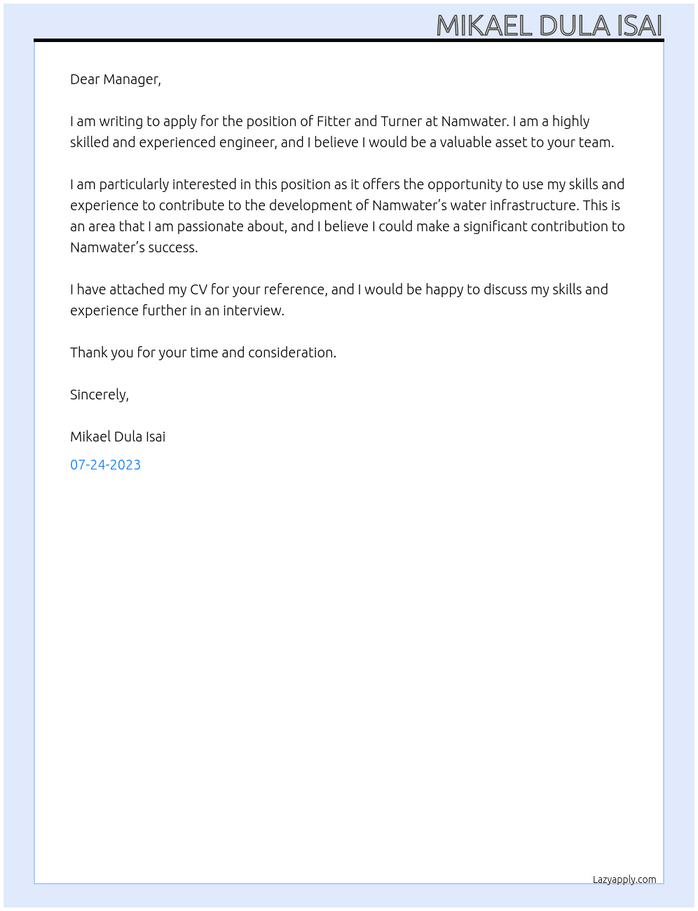 Fitter and Turner  At Namwater Cover Letter