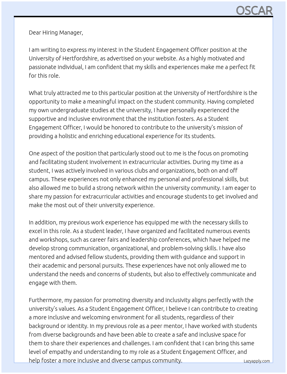 student engagement officer At University of Hertfordshire Cover Letter