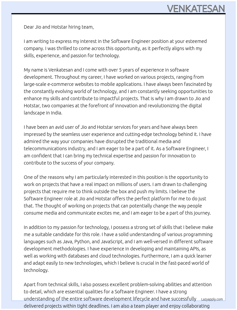 Software Engineer At Jio, Hotstar Cover Letter