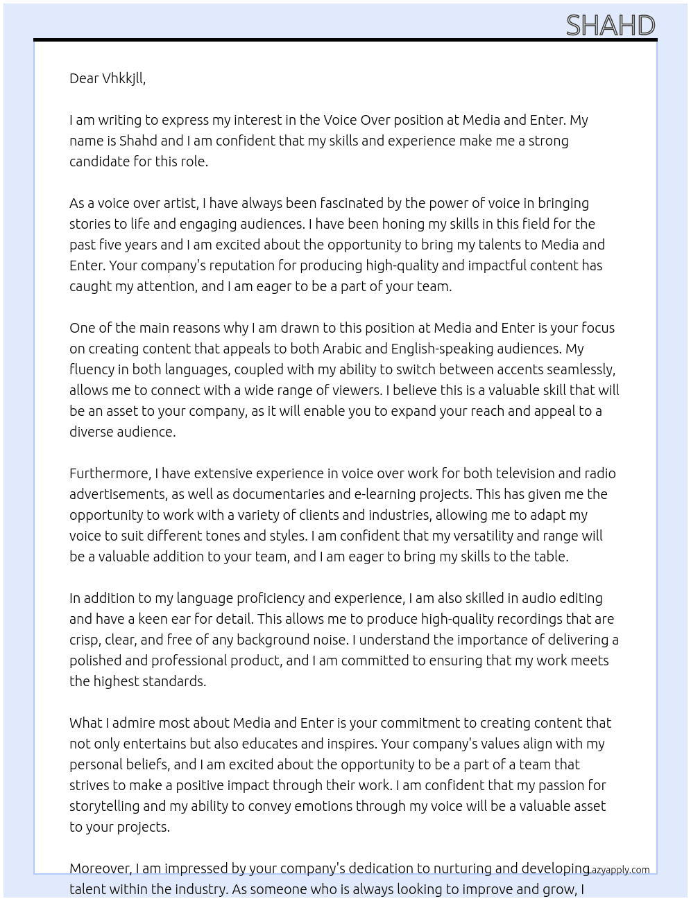 voice over At media and enter Cover Letter