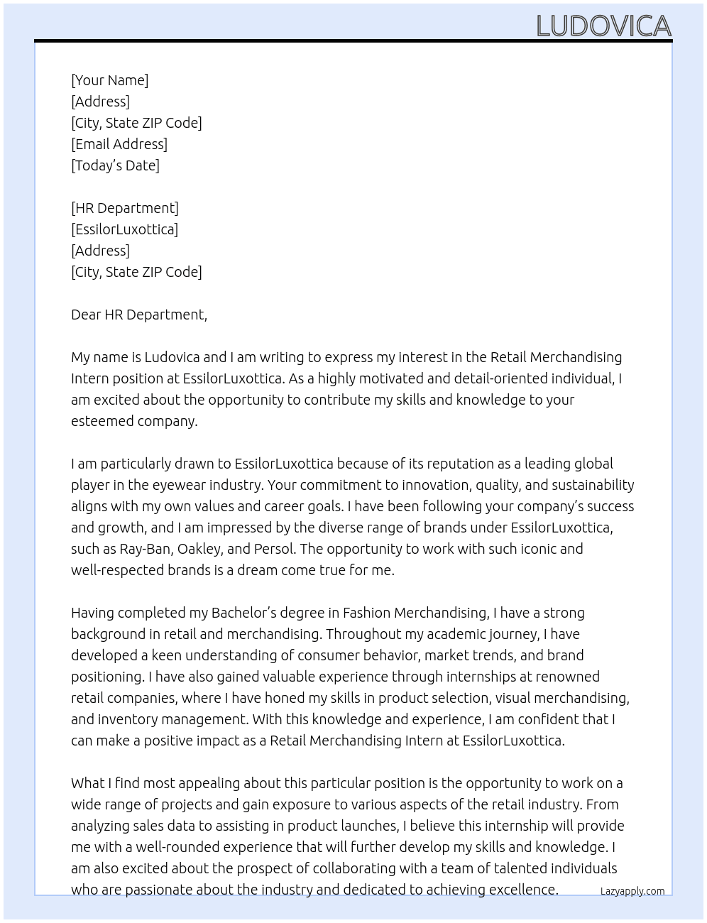 Retail Merchandising Intern At EssilorLuxottica Cover Letter