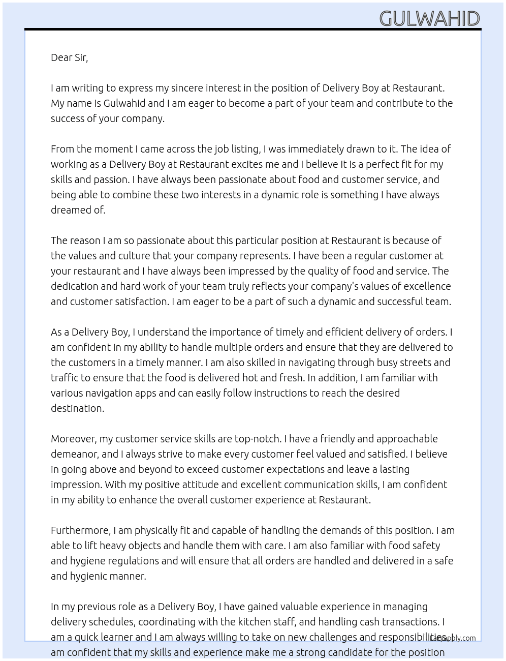 Delivery boy At Restaurant Cover Letter