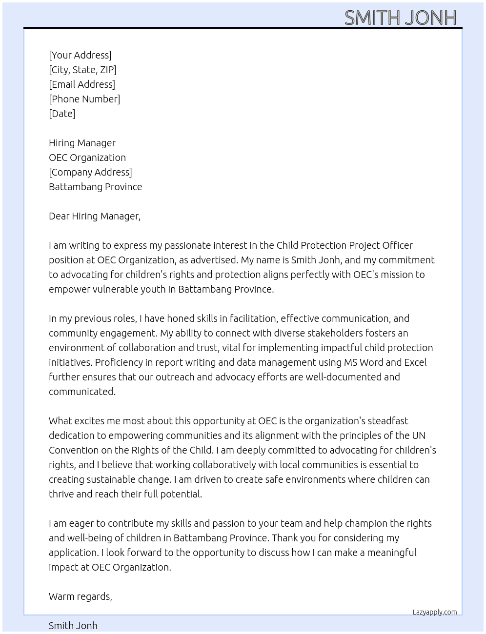 Child Protection Project Officer, based in Battambang Province at OEC organization At OEC organization Cover Letter