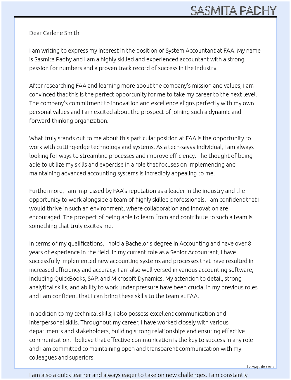 System Accountant At FAA Cover Letter