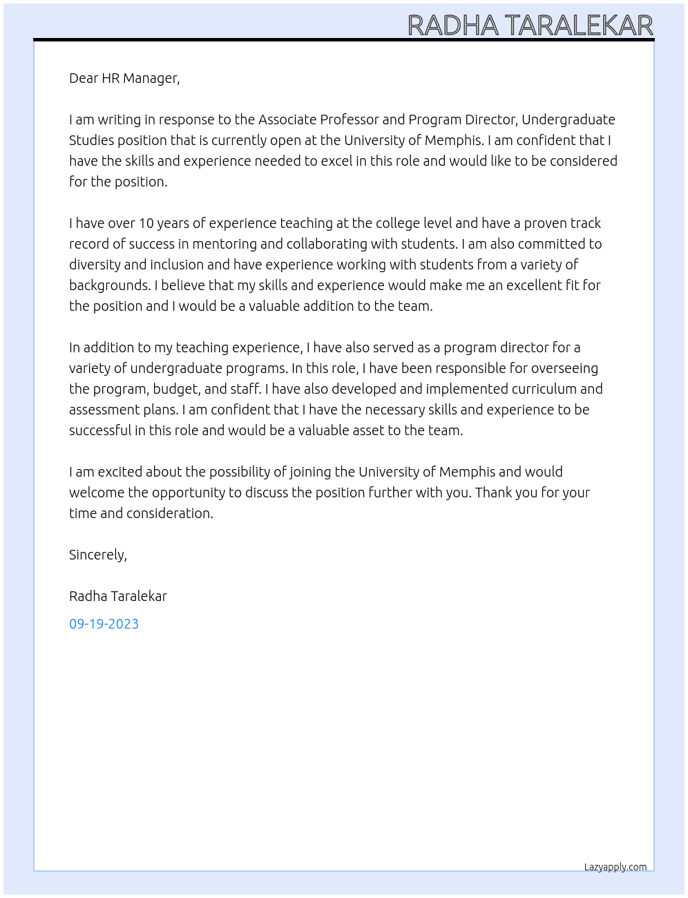  Associate Professor and Program Director, Undergraduate Studies At University of Memphis Cover Letter