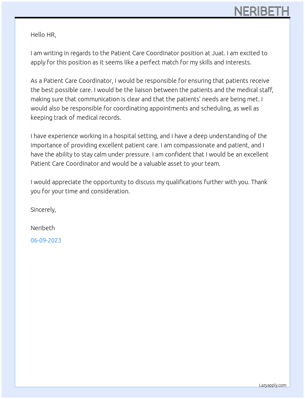 Patient Care Coordinator At Juat Cover Letter
