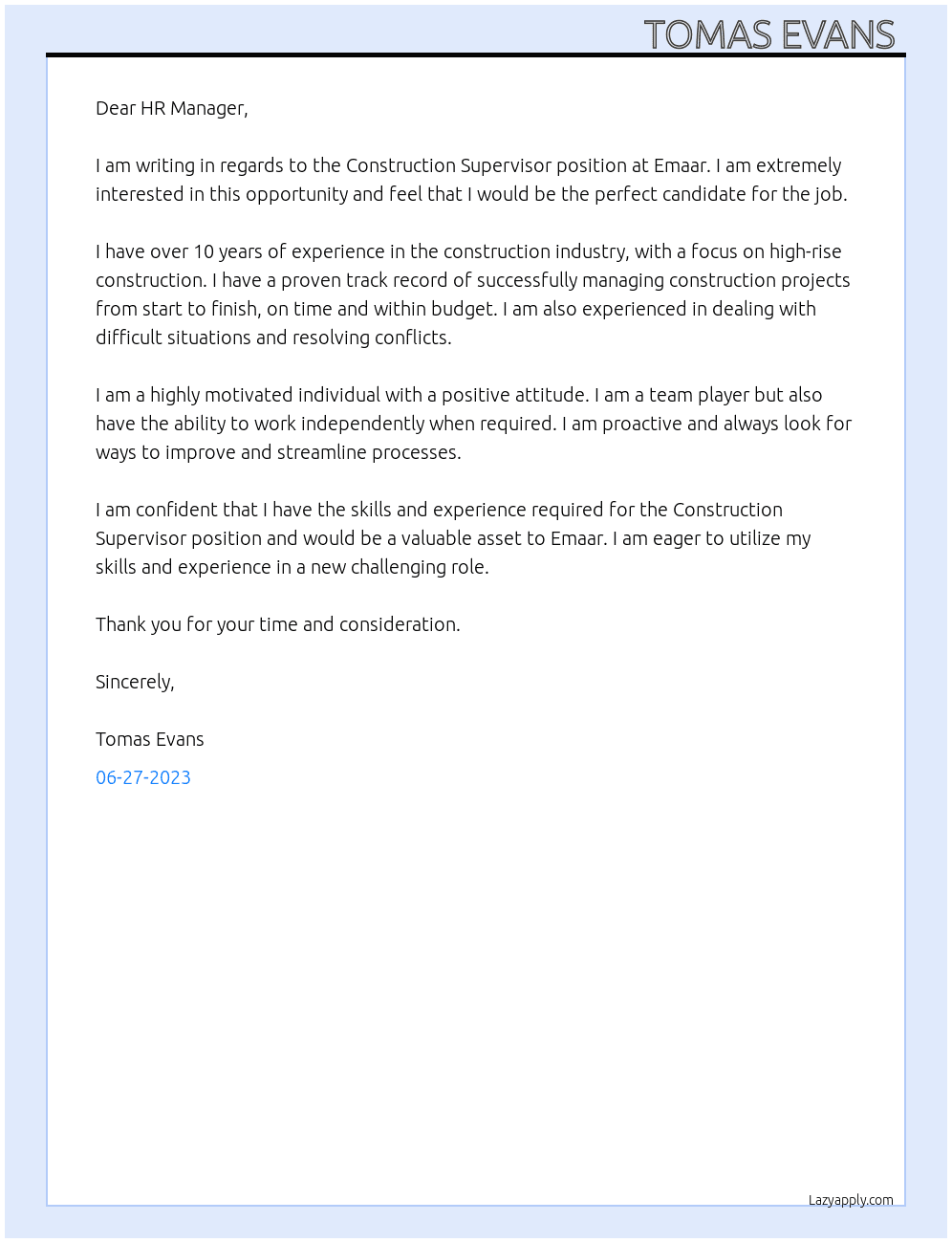 Construction Supervisor  At Emaar  Cover Letter