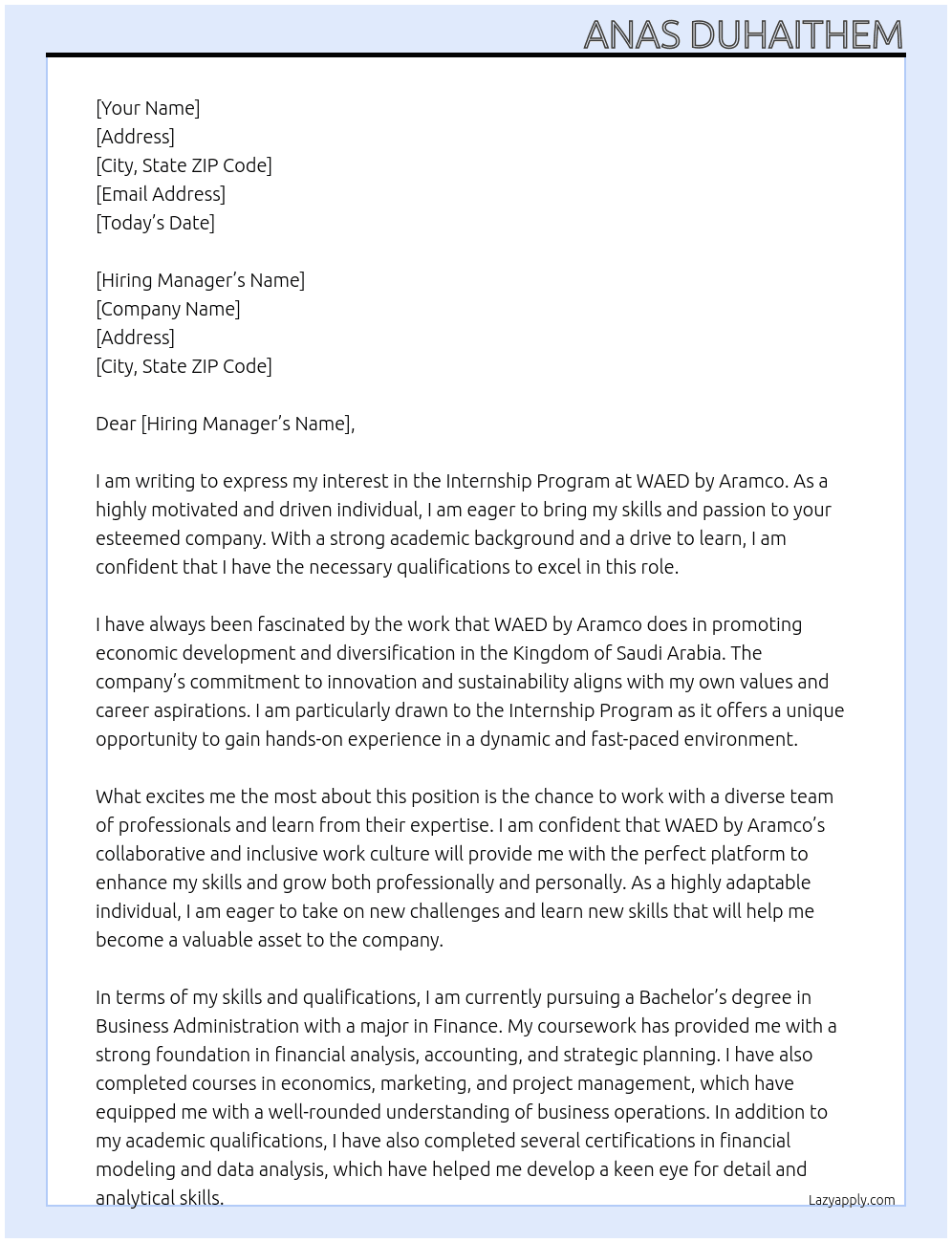 Internship Program At WAED by aramco Cover Letter