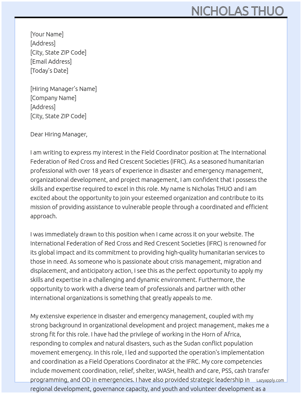 Field Coordinator At The International Federation of Red Cross and Red Crescent Societies (IFRC) Cover Letter