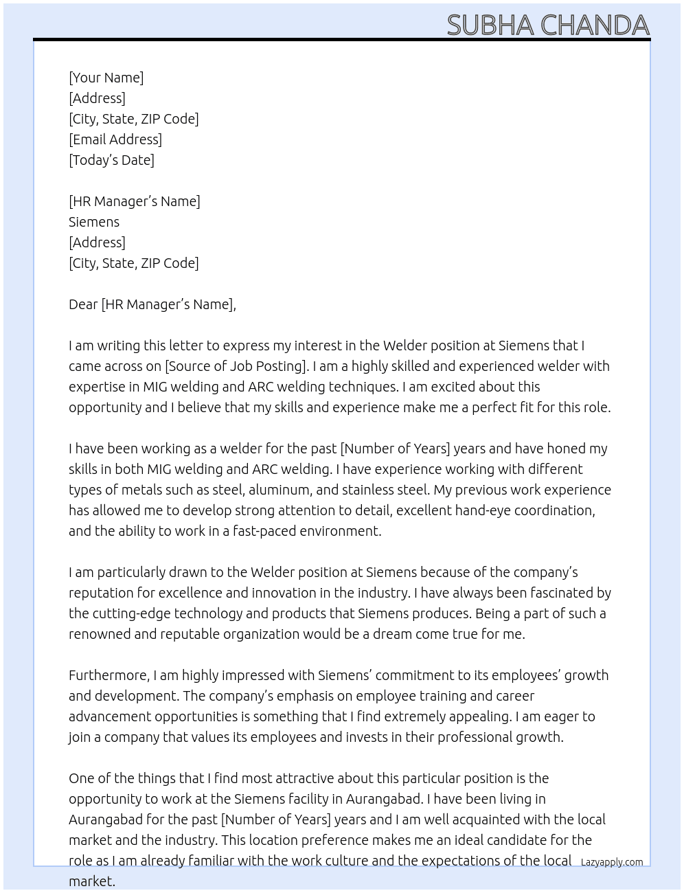welder At seimens Cover Letter