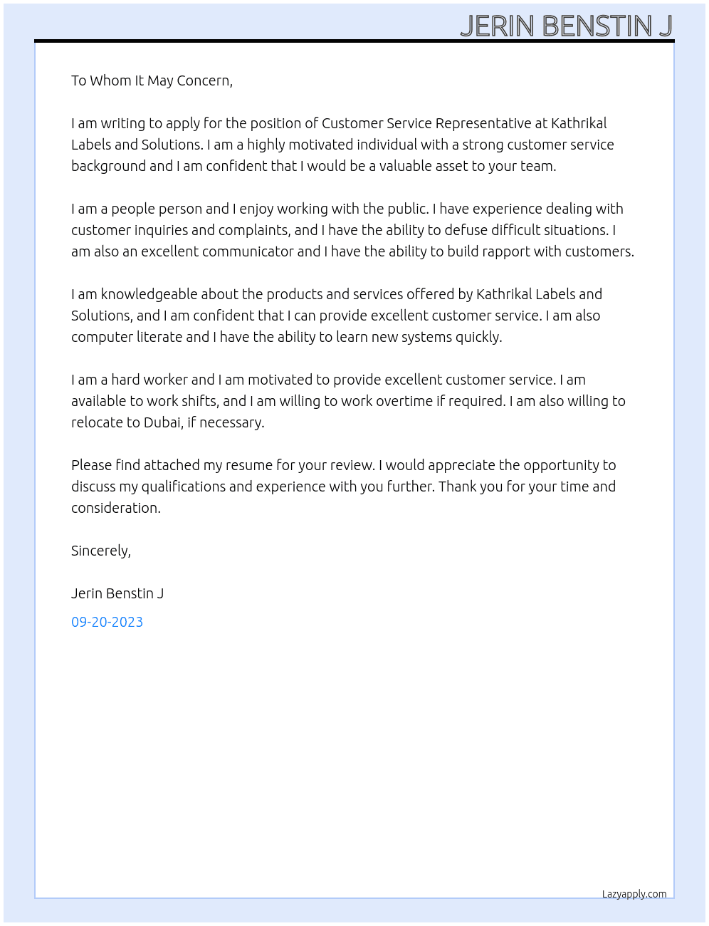Customer service representative  At Kathrikal lables and solutions  Cover Letter