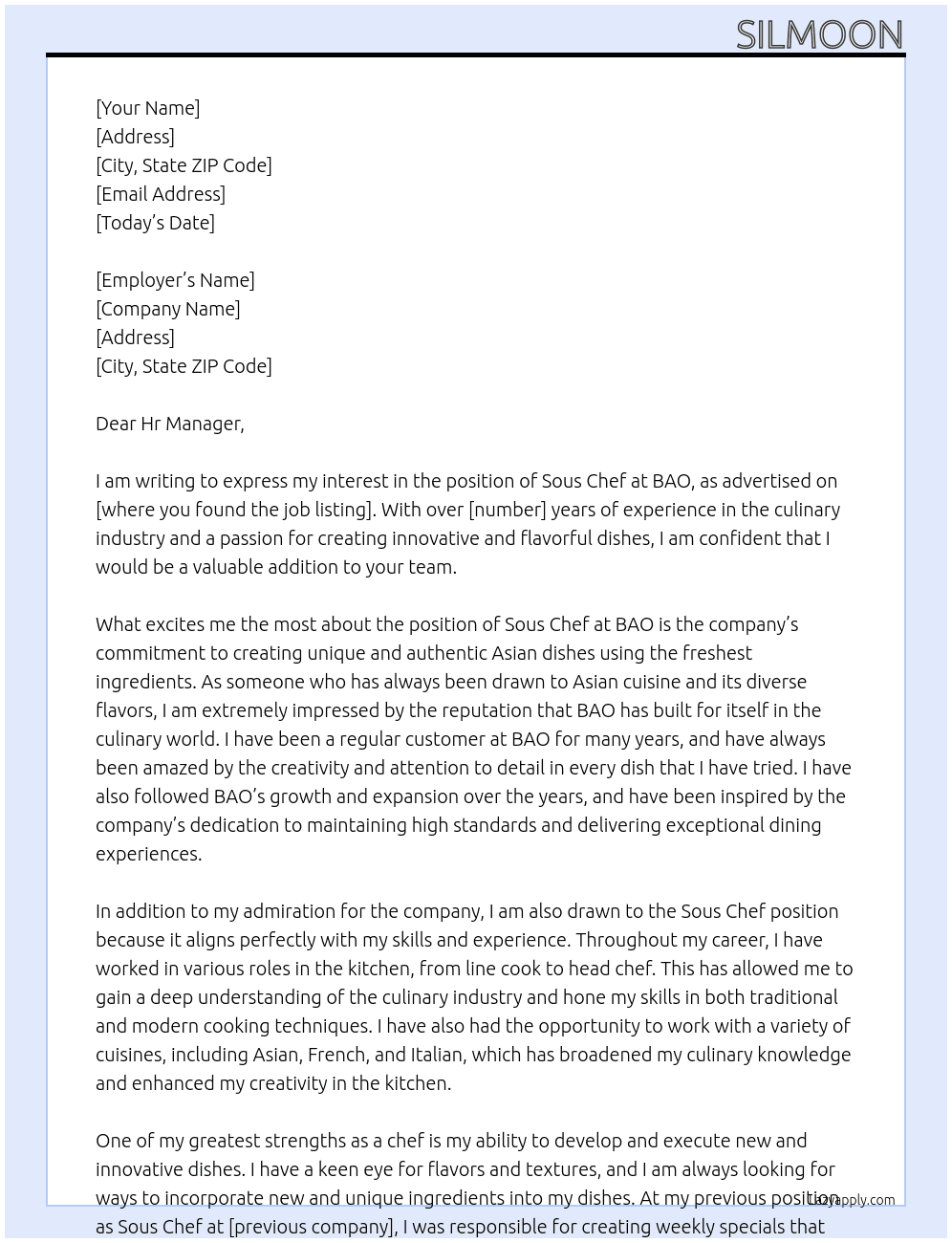 sous chef At BAO Cover Letter
