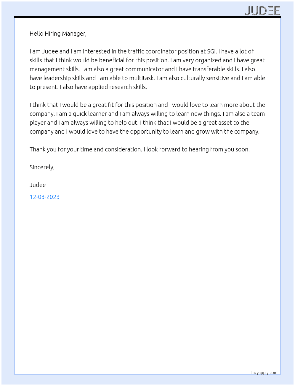 Traffic coordinator  At SGI  Cover Letter