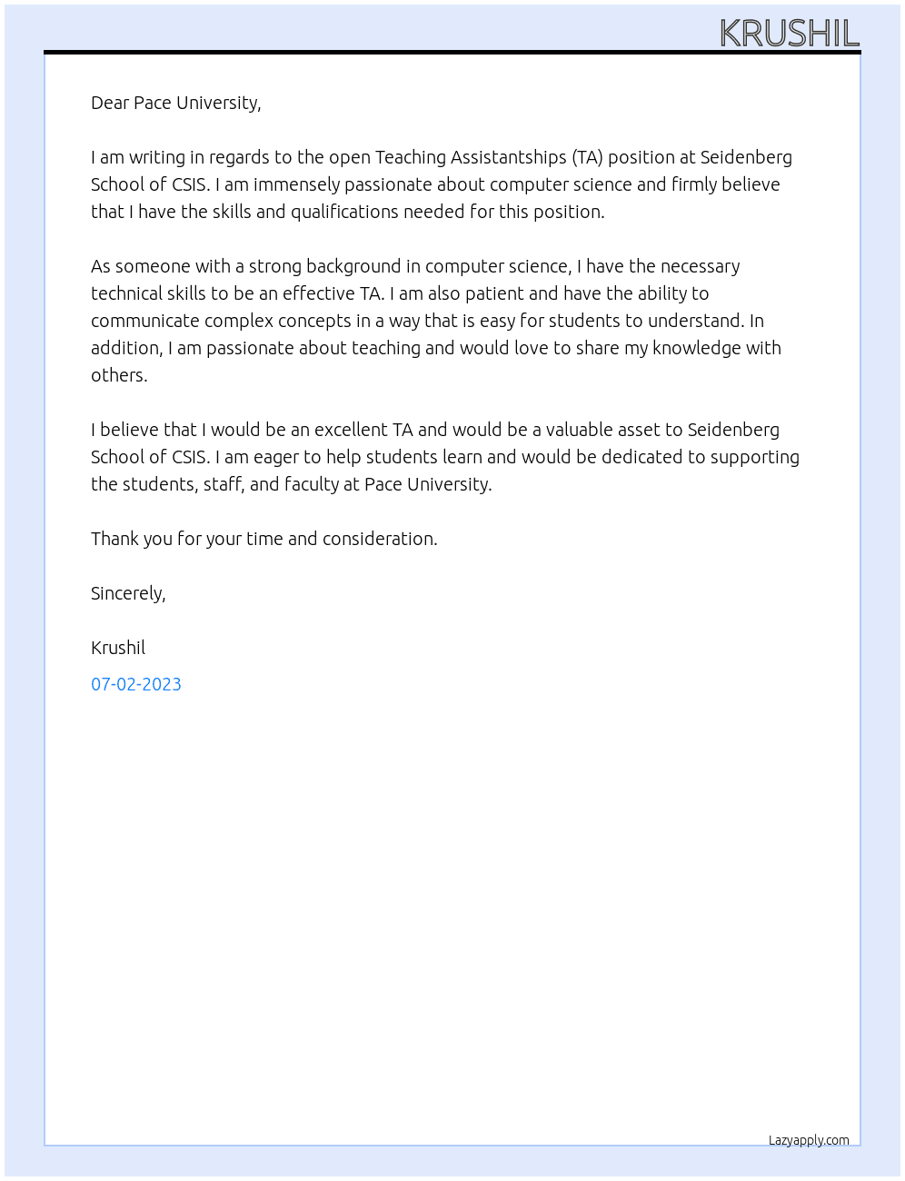 Teaching Assistantships (TA) At Pace University Cover Letter
