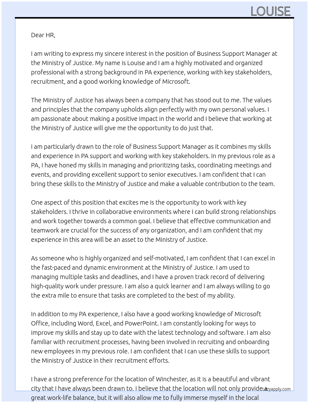 Business support manager  At Ministry of Justice  Cover Letter