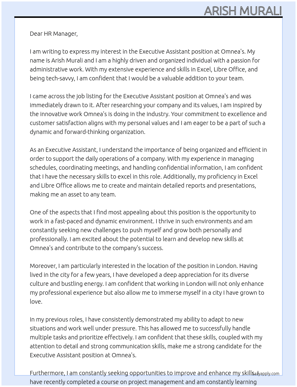Executive assiatant At Omnea's Cover Letter