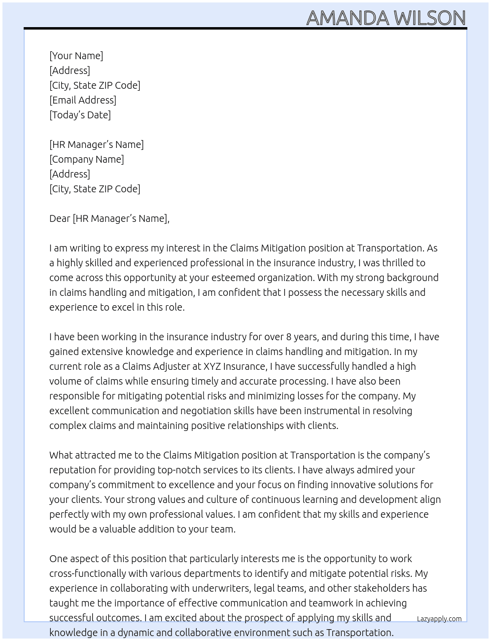Claims Mitigation At Transportaiont Cover Letter