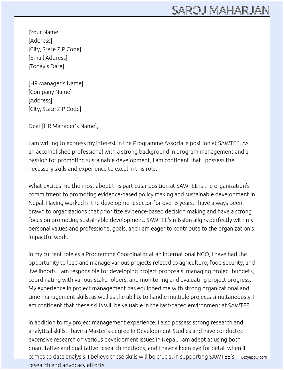 programme associate At SAWTEE Cover Letter