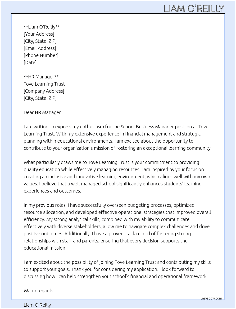 School Business Manager At Tove Learning Trust Cover Letter