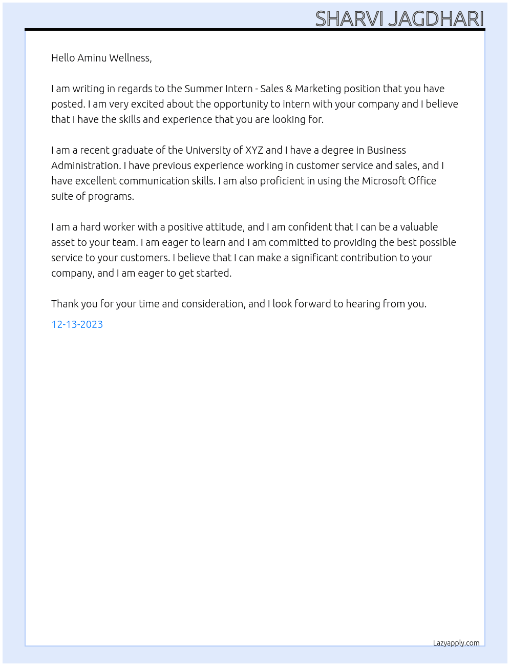 Summer Intern - Sales & Marketing At Aminu Wellness  Cover Letter