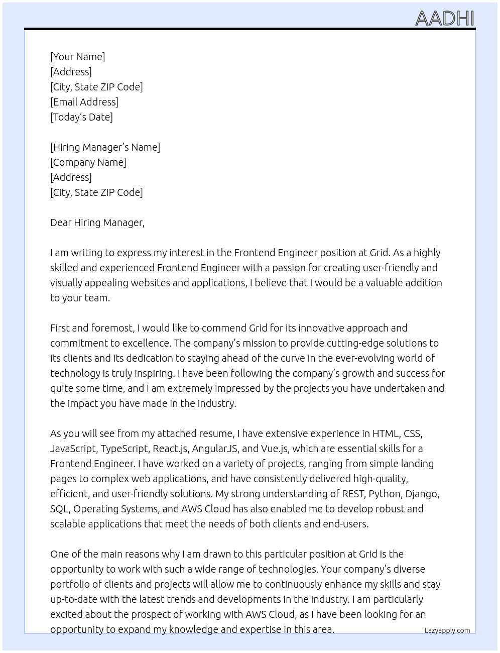 Frontend Engineer At Grid Cover Letter