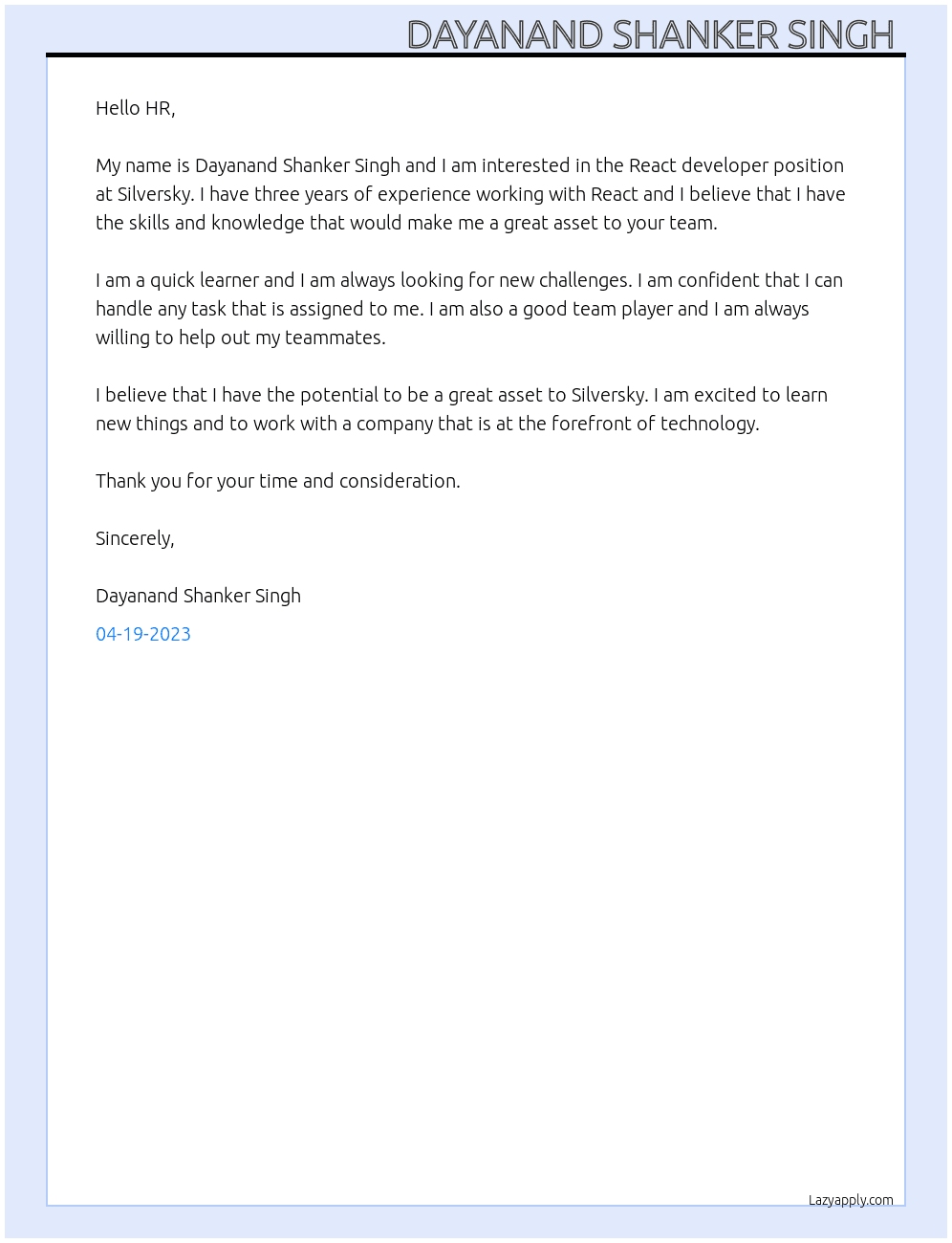 React developer  At Silversky Cover Letter