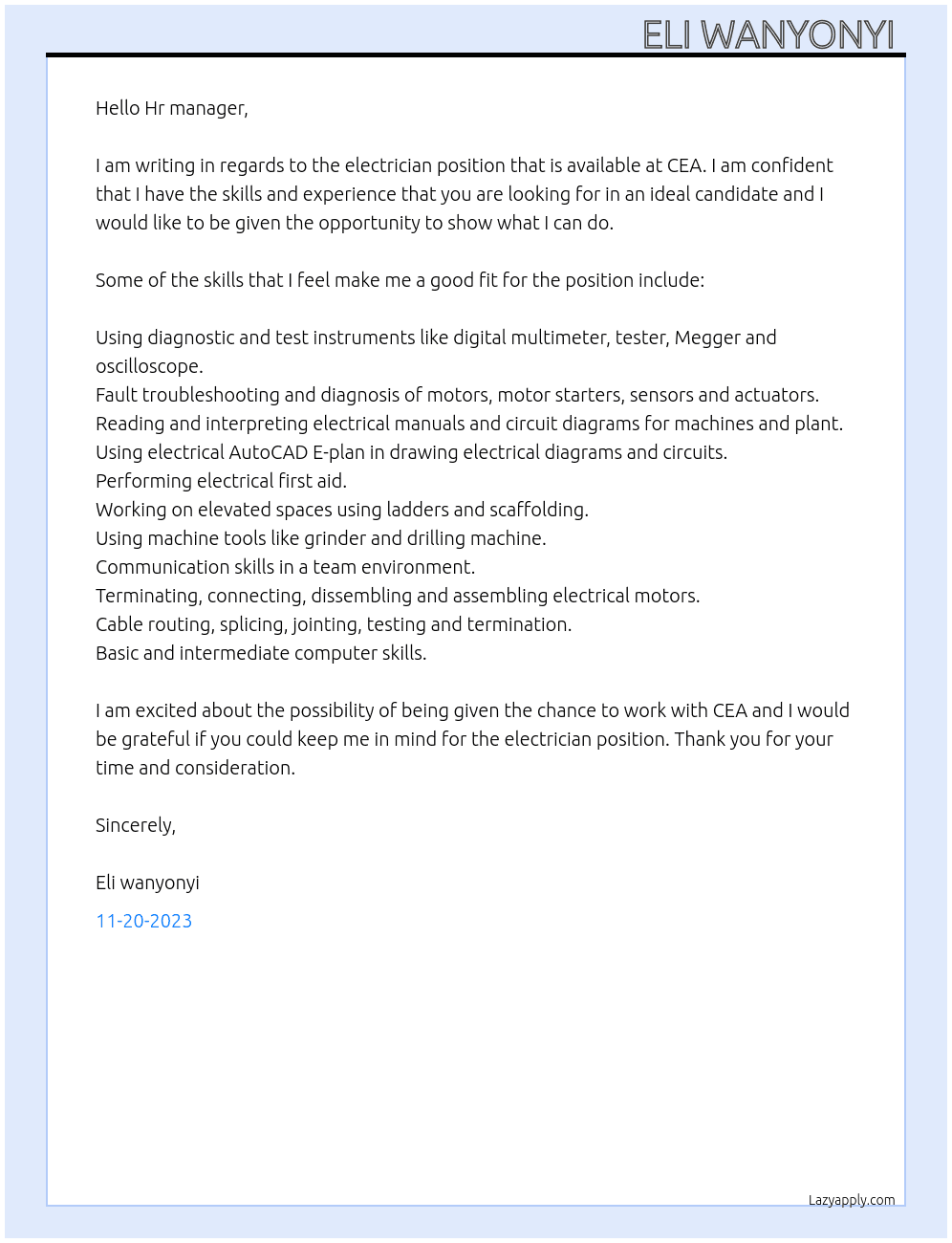 Electrician  At CEA Cover Letter