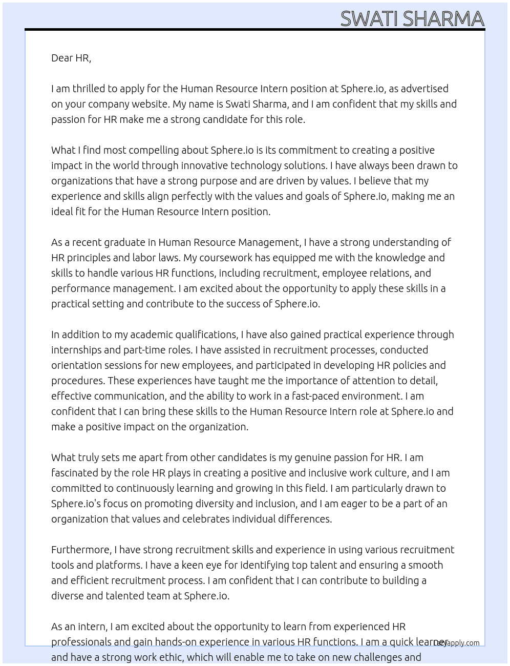 Human resource Intern At Sphere.io Cover Letter