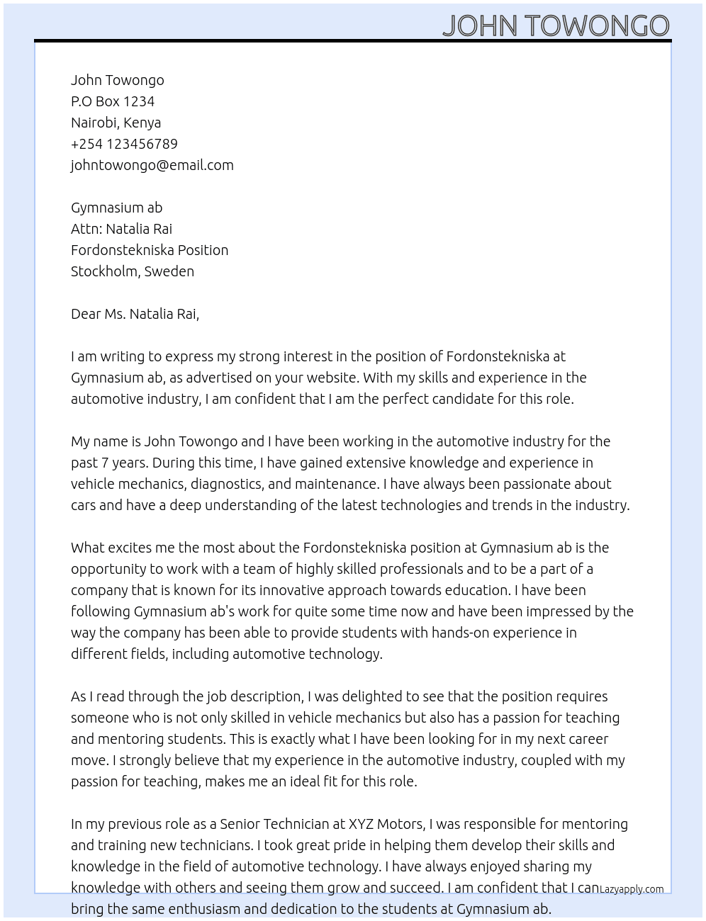 fordonstekniska  At Gymnasium ab  Cover Letter